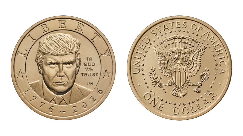 Золотая монета с портретом президента Трампа номиналом 1 доллар